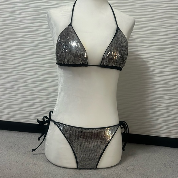Just (Roberto) Cavalli bikini swimsuit silver sequins black size XS IT 40 - Picture 1 of 5